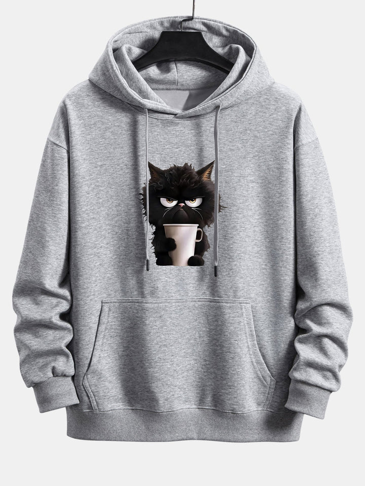 Black Cat Drinking Coffee Print Relax Fit Hoodie
