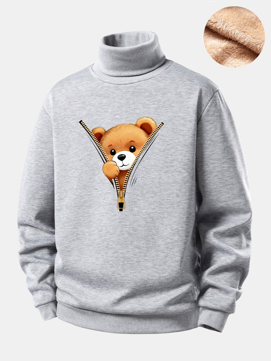 Zipper Bear Print Teddy Fleece Lined Turtle Neck Sweatshirt