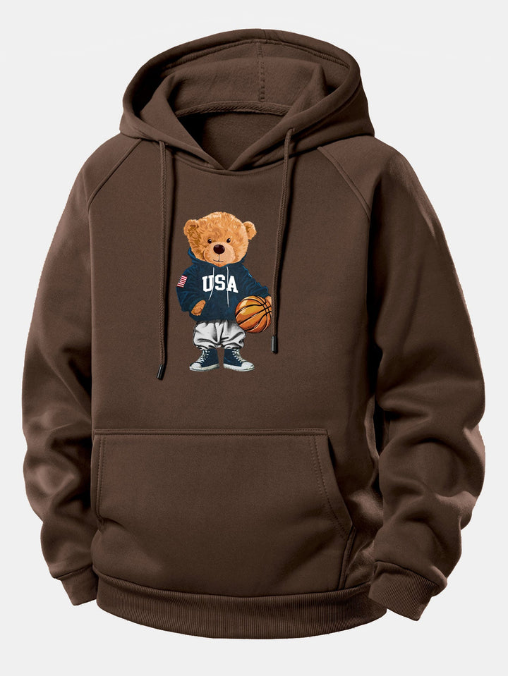 Basketball Bear Print Drawstring Hoodie