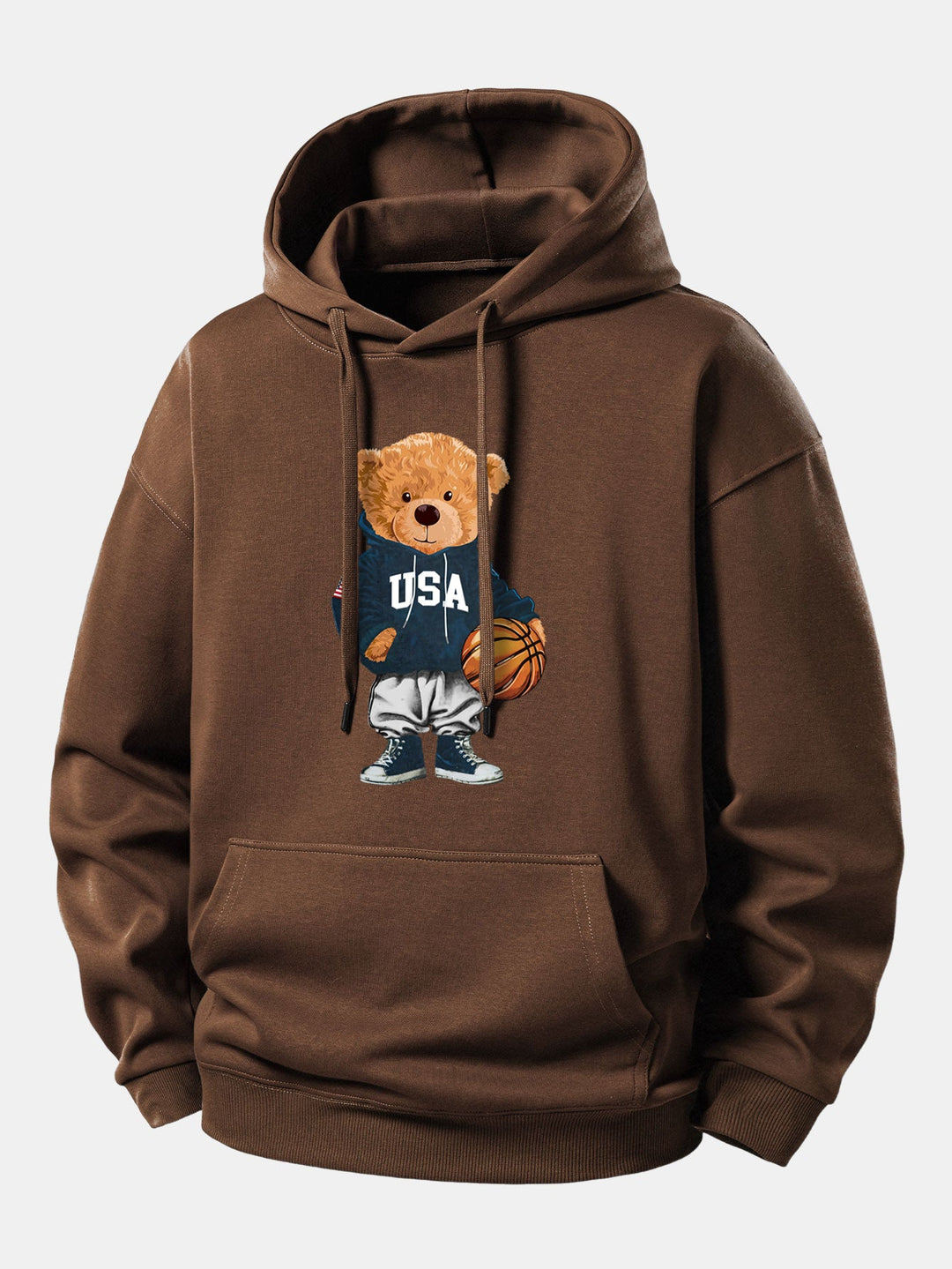 Basketball Bear Print Relax Fit Drawstring Hoodie