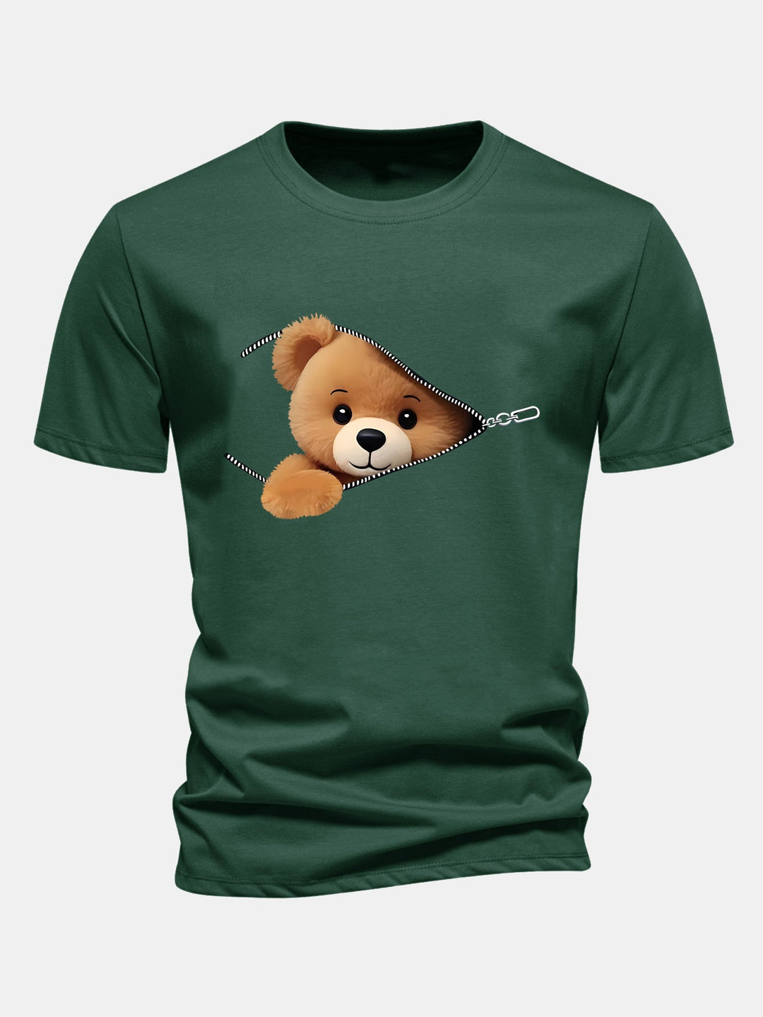 Regular Fit Zipper Bear Print Cotton T-Shirt