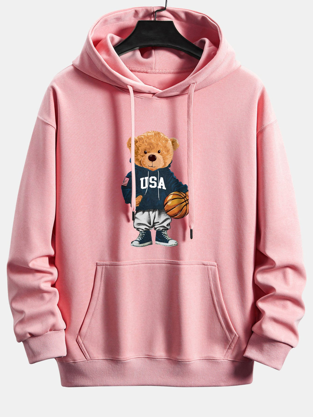 Basketball Bear Print Relax Fit Drawstring Hoodie