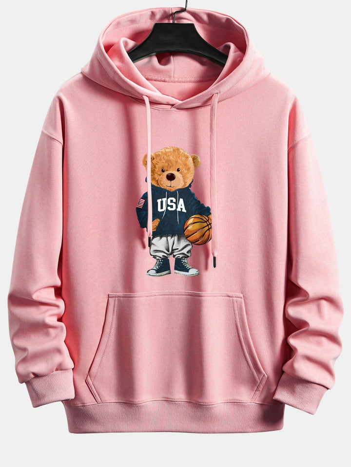 Basketball Bear Print Relax Fit Drawstring Hoodie