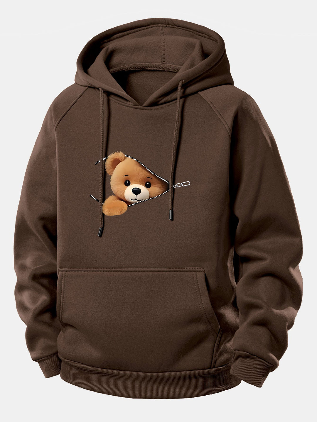 Zipper Bear Print Drawstring Hoodie