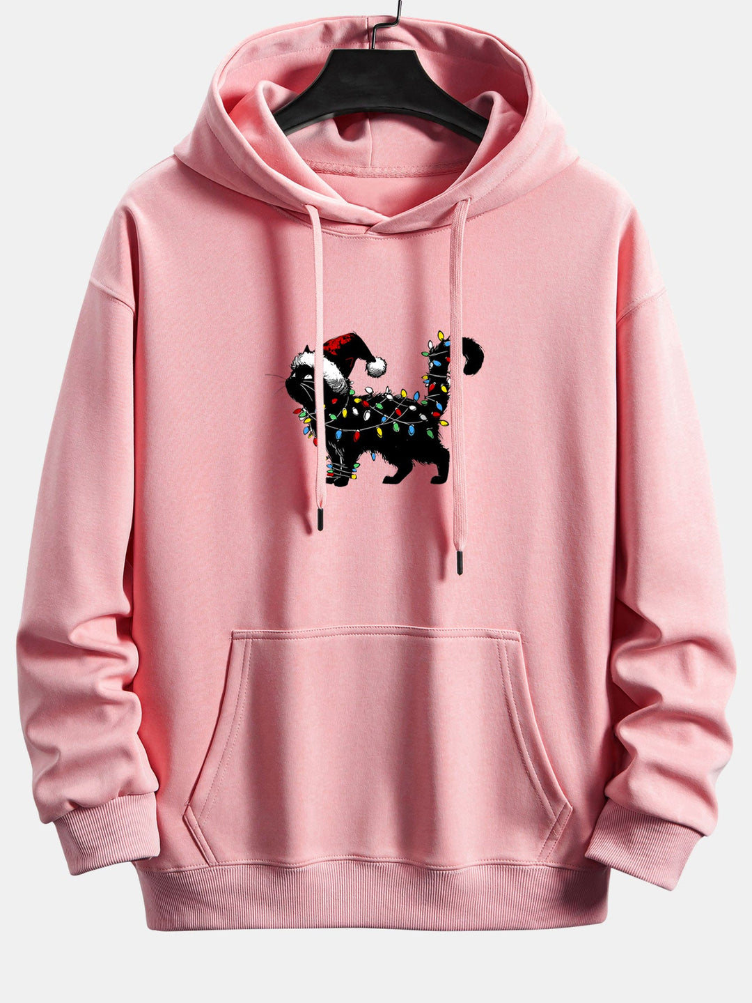 Christmas Colorful Light Black Cat Print Relax Fit Hoodie
