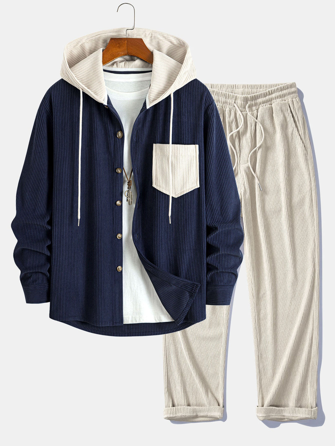 Long Sleeved Contrast Corduroy Hooded Shirt & Straight Leg Corduroy Pants