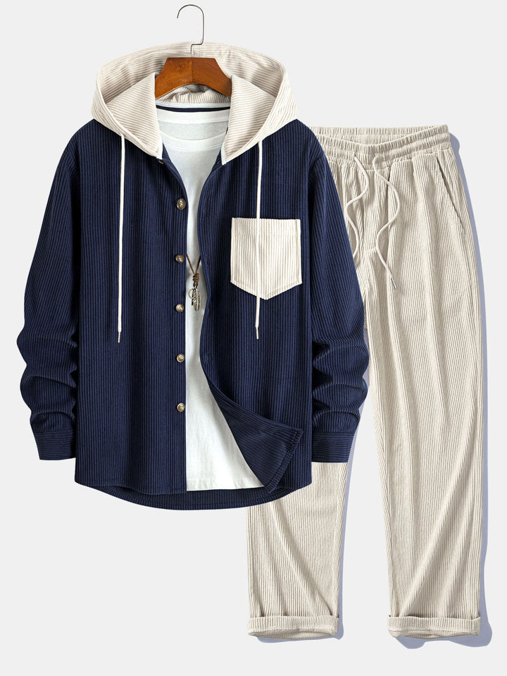 Long Sleeved Contrast Corduroy Hooded Shirt & Straight Leg Corduroy Pants
