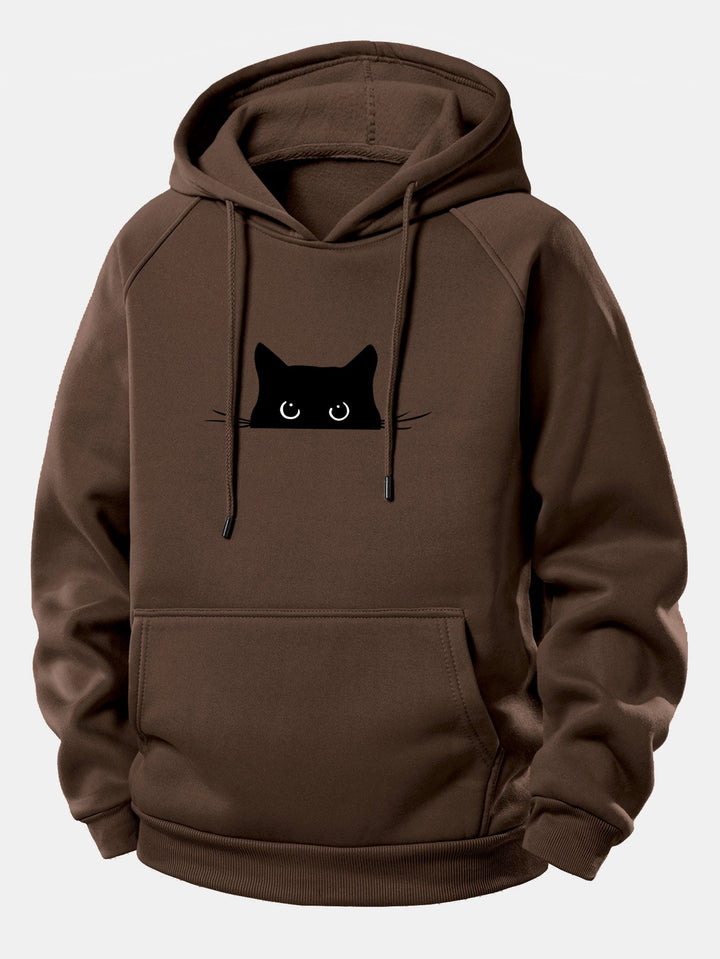 Black Cat Print Drawstring Hoodie
