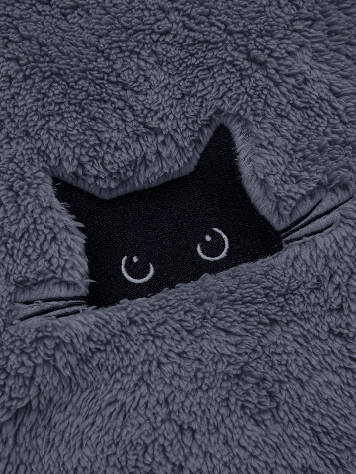 Black Cat Embroidered Teddy Zip Up Hoodie