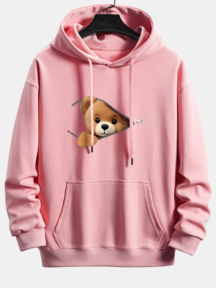 Zipper Bear Print Relax Fit Hoodie