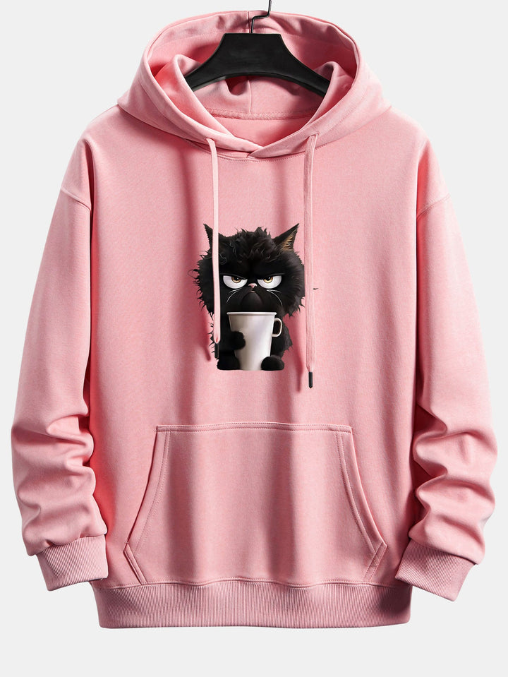 Black Cat Drinking Coffee Print Relax Fit Hoodie
