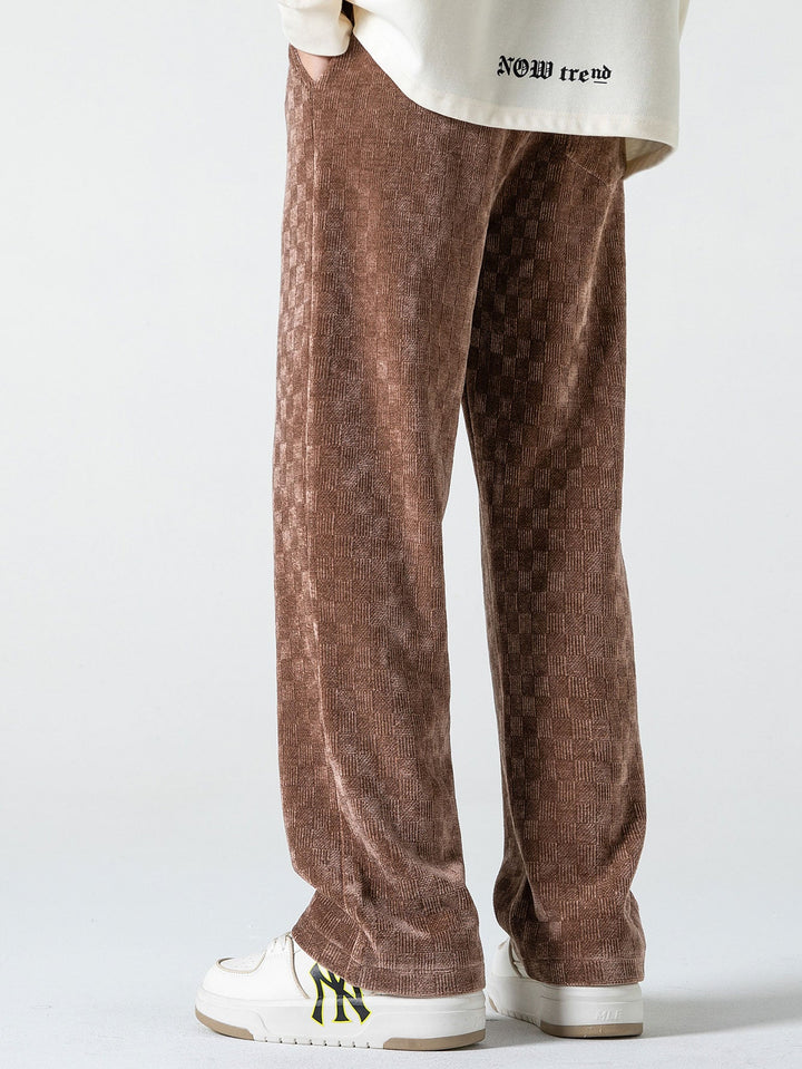 Calças de perna reta texturizadas em padrão xadrez