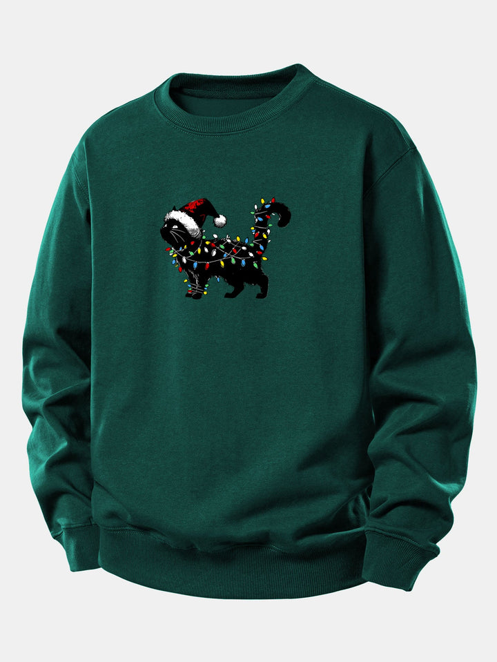 Christmas Colorful Light Black Cat Print Relax Fit Sweatshirt