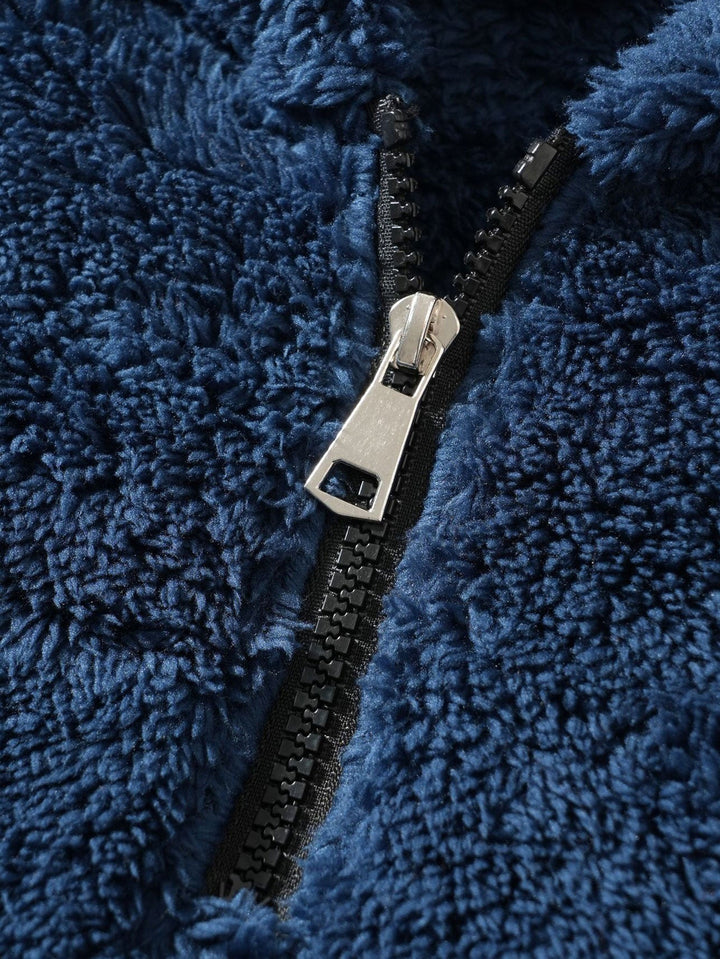 Letter Embroidery Teddy Half-Zip Hoodie