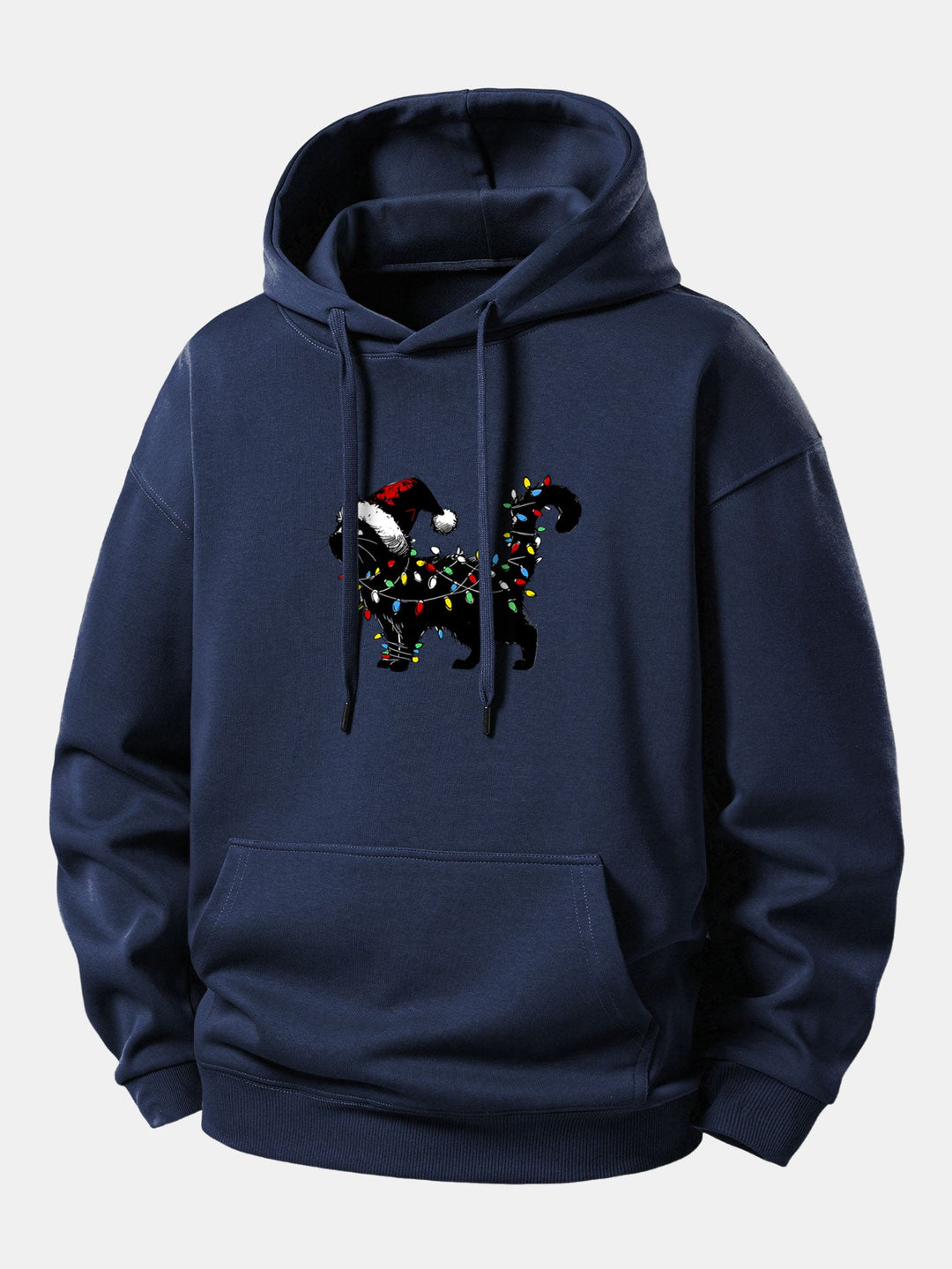 Christmas Colorful Light Black Cat Print Relax Fit Hoodie