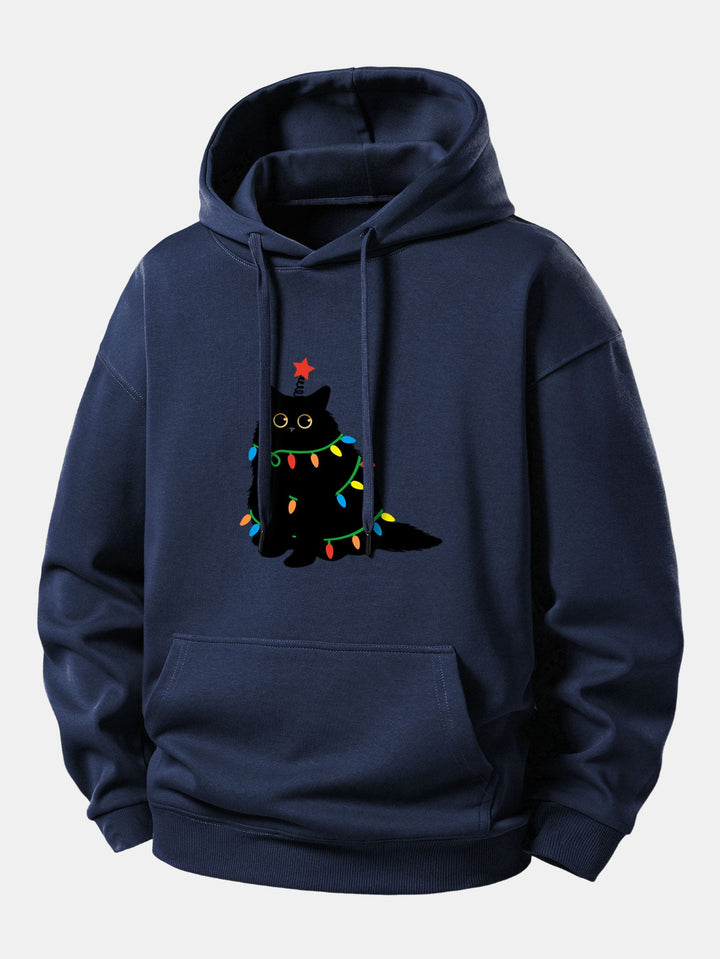 Colorful Light Black Cat Print Relax Fit Hoodie