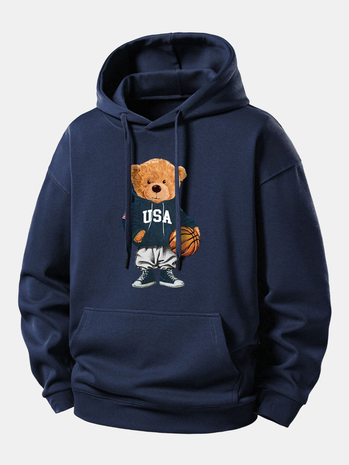 Basketball Bear Print Relax Fit Drawstring Hoodie