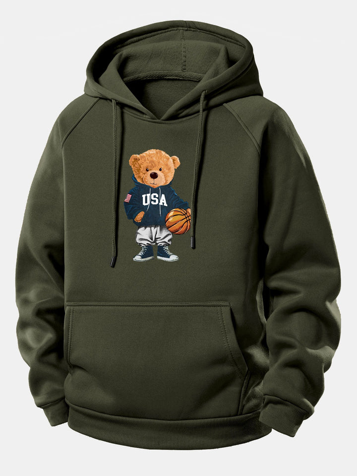 Basketball Bear Print Drawstring Hoodie