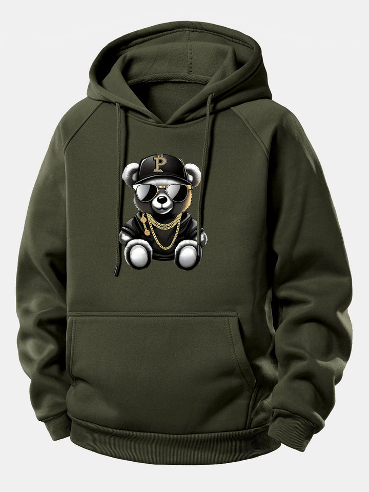Hip Hop Bear Print Drawstring Hoodie