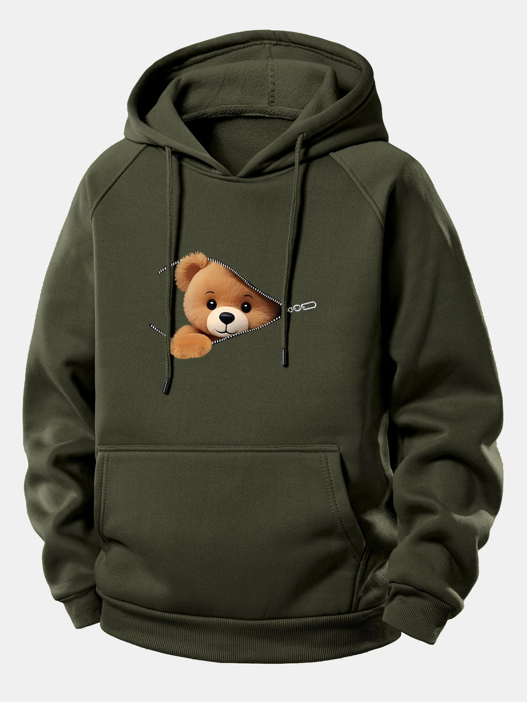 Zipper Bear Print Drawstring Hoodie