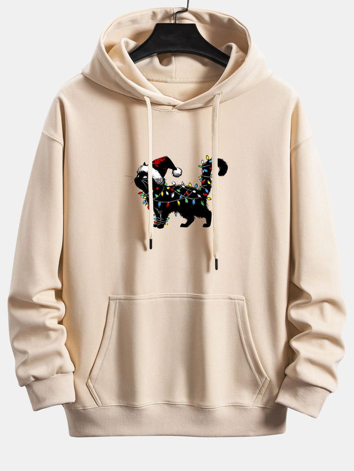 Christmas Colorful Light Black Cat Print Relax Fit Hoodie
