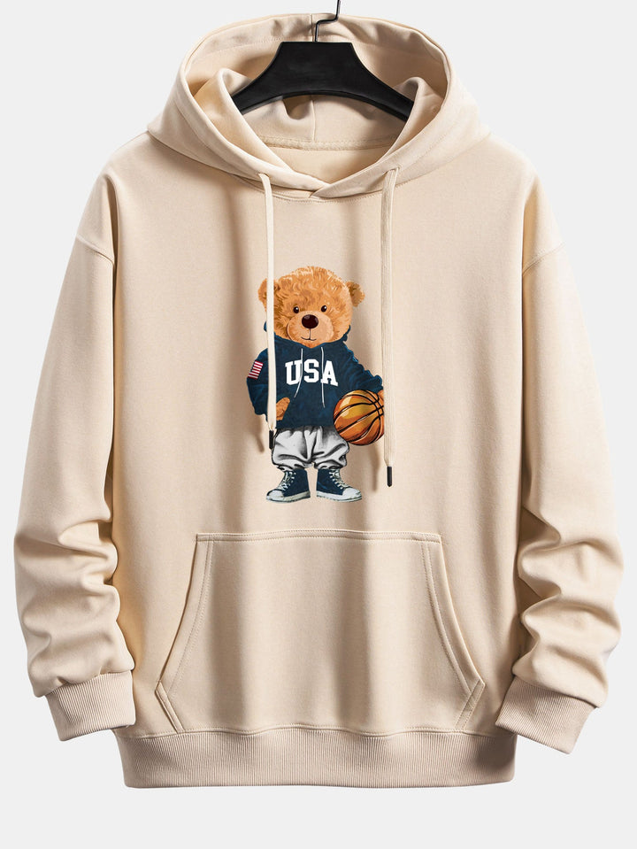 Basketball Bear Print Relax Fit Drawstring Hoodie