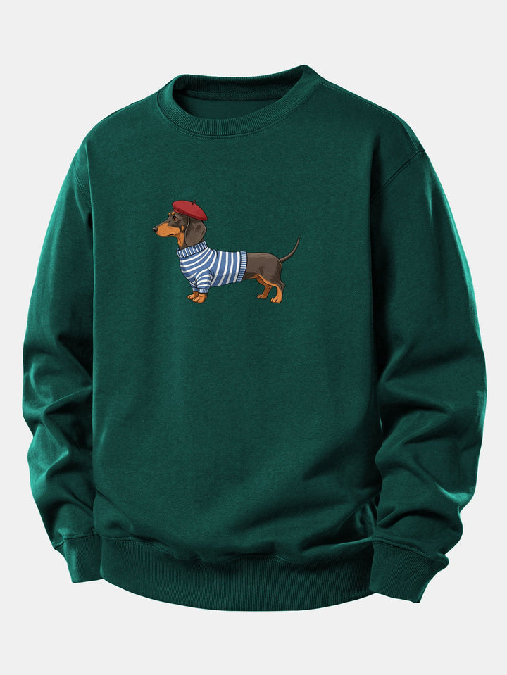 Dachshund Wearing Striped Sweater Print Relax Fit Sweatshirt