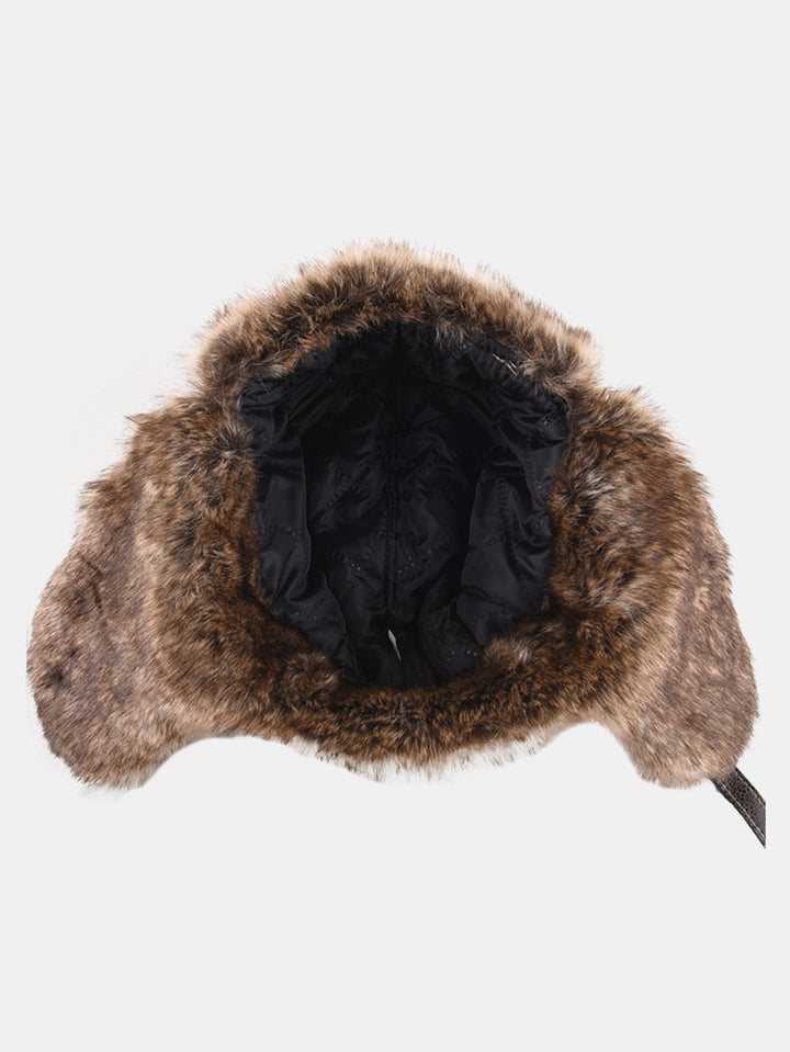 Faux Fur Leather Bomber Hat With Ear Flap