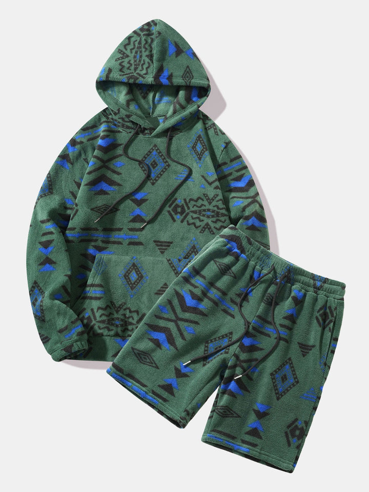 Relax Fit Tribal Geometry Teddy Hoodie & Shorts