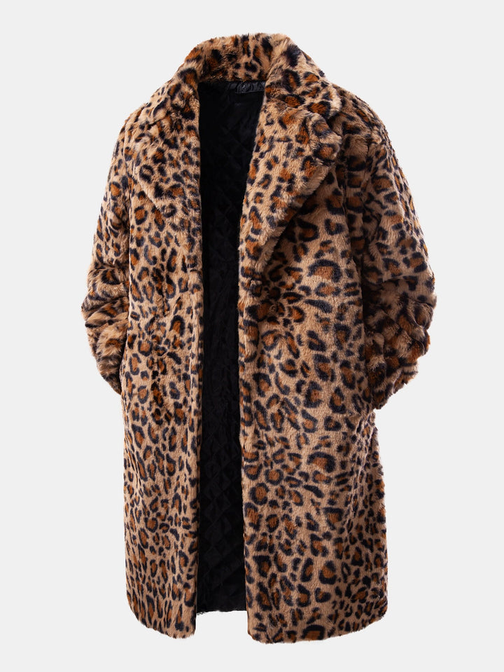 Faux Fur Leopard Notch Lapel Overcoat