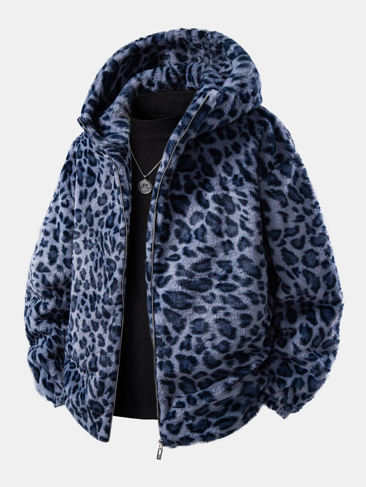 Faux Fur Leopard Zip Up Hooded Coat