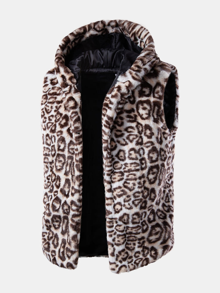 Faux Fur Leopard Zip Up Hooded Vest