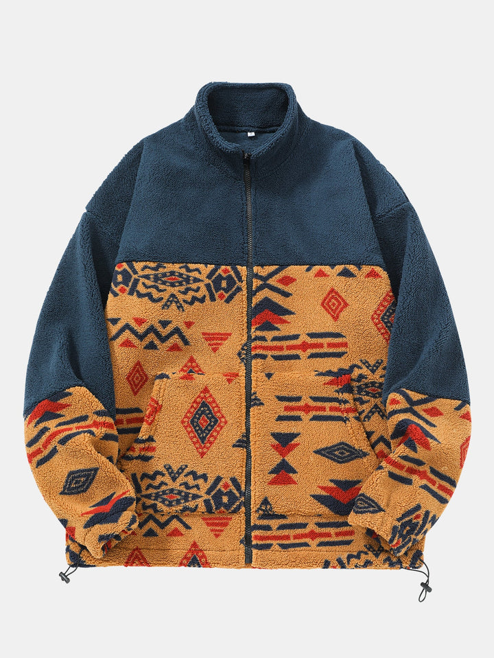 Relax Fit Contrast Tribal Geometry Teddy Jacket