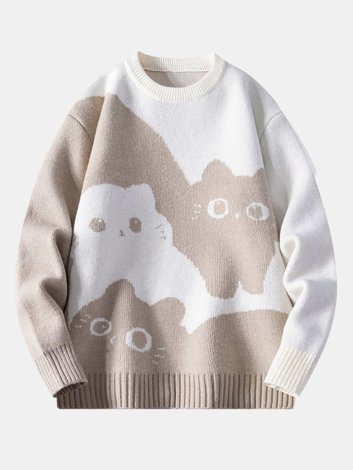 Color Block Cat Print Crew Neck Sweater