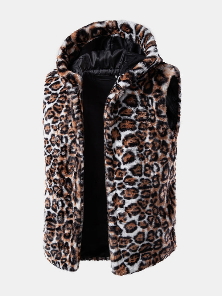 Faux Fur Leopard Zip Up Hooded Vest