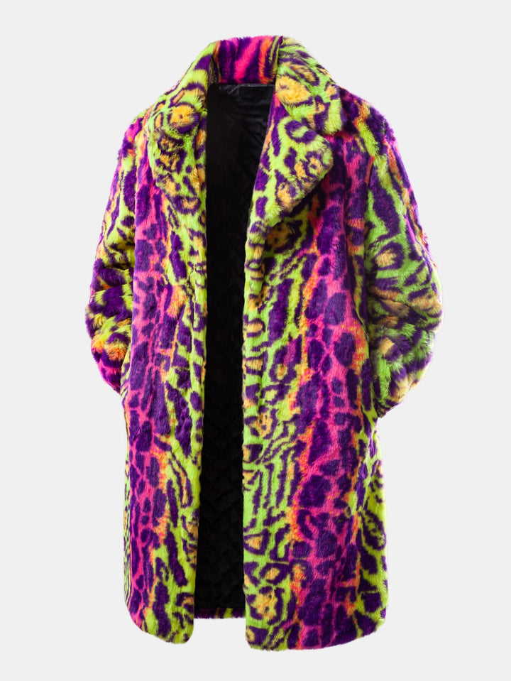 Faux Fur Colorful Leopard Notch Lapel Overcoat