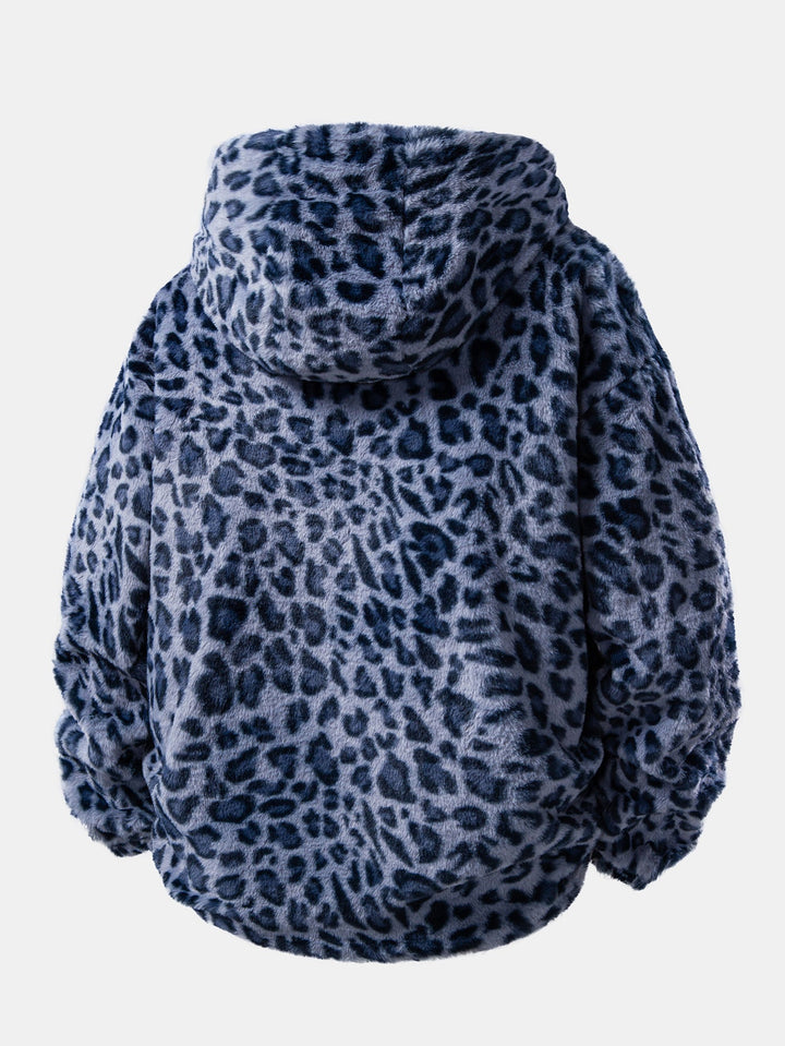 Faux Fur Leopard Zip Up Hooded Coat