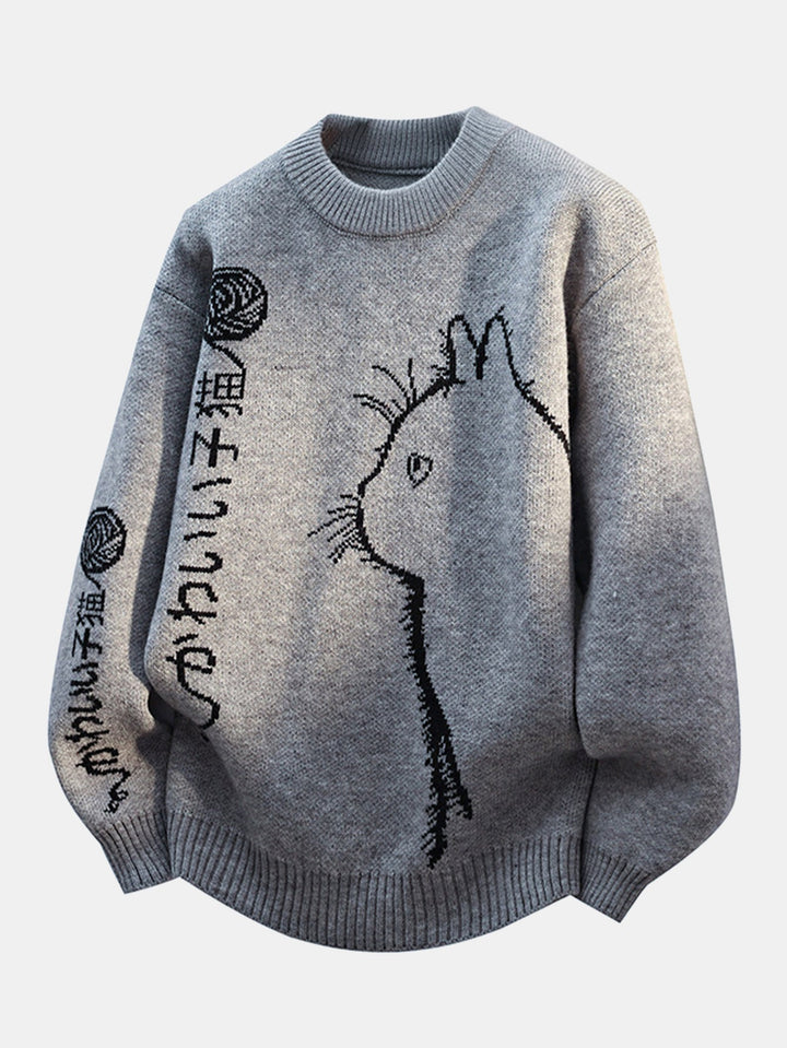 Japanese Cat Print Crew Neck Sweater