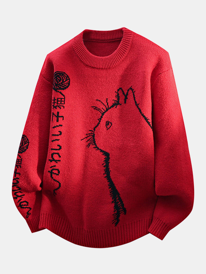 Japanese Cat Print Crew Neck Sweater