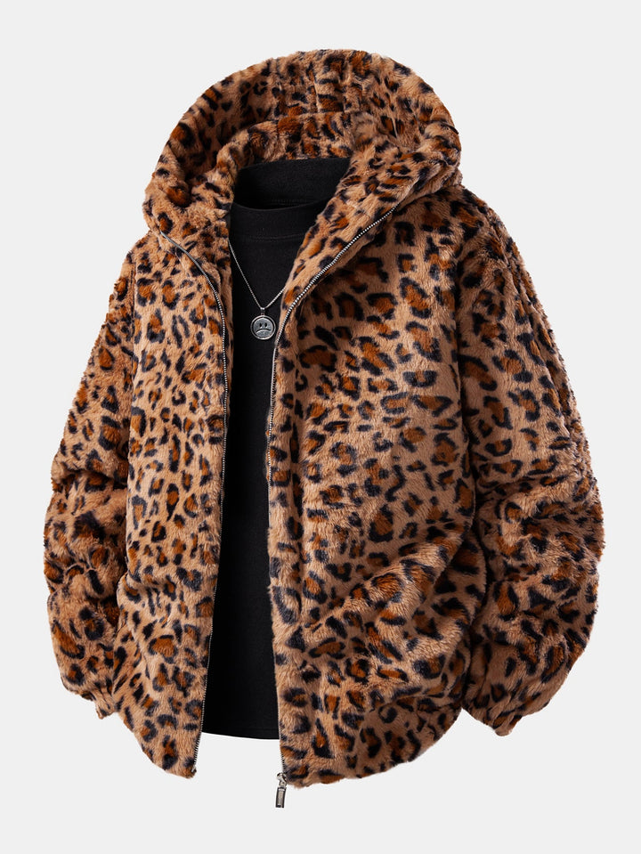 Faux Fur Leopard Zip Up Hooded Coat