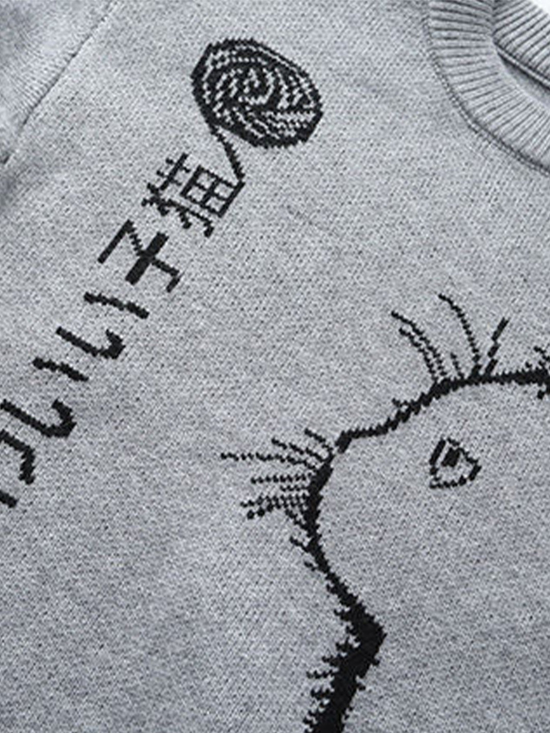 Japanese Cat Print Crew Neck Sweater