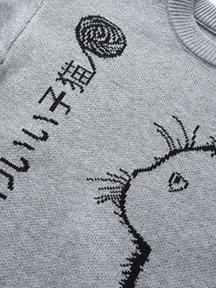 Japanese Cat Print Crew Neck Sweater