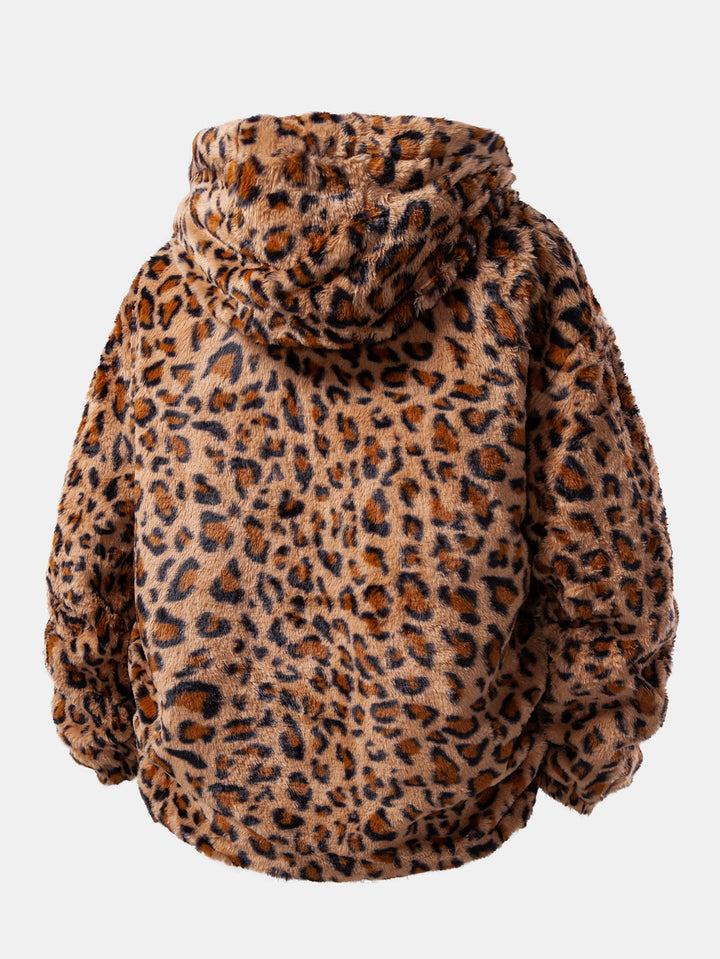 Faux Fur Leopard Zip Up Hooded Coat