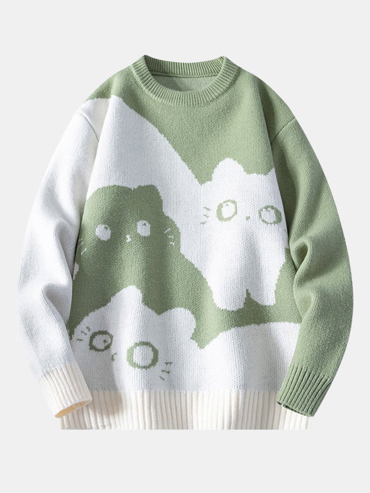 Color Block Cat Print Crew Neck Sweater