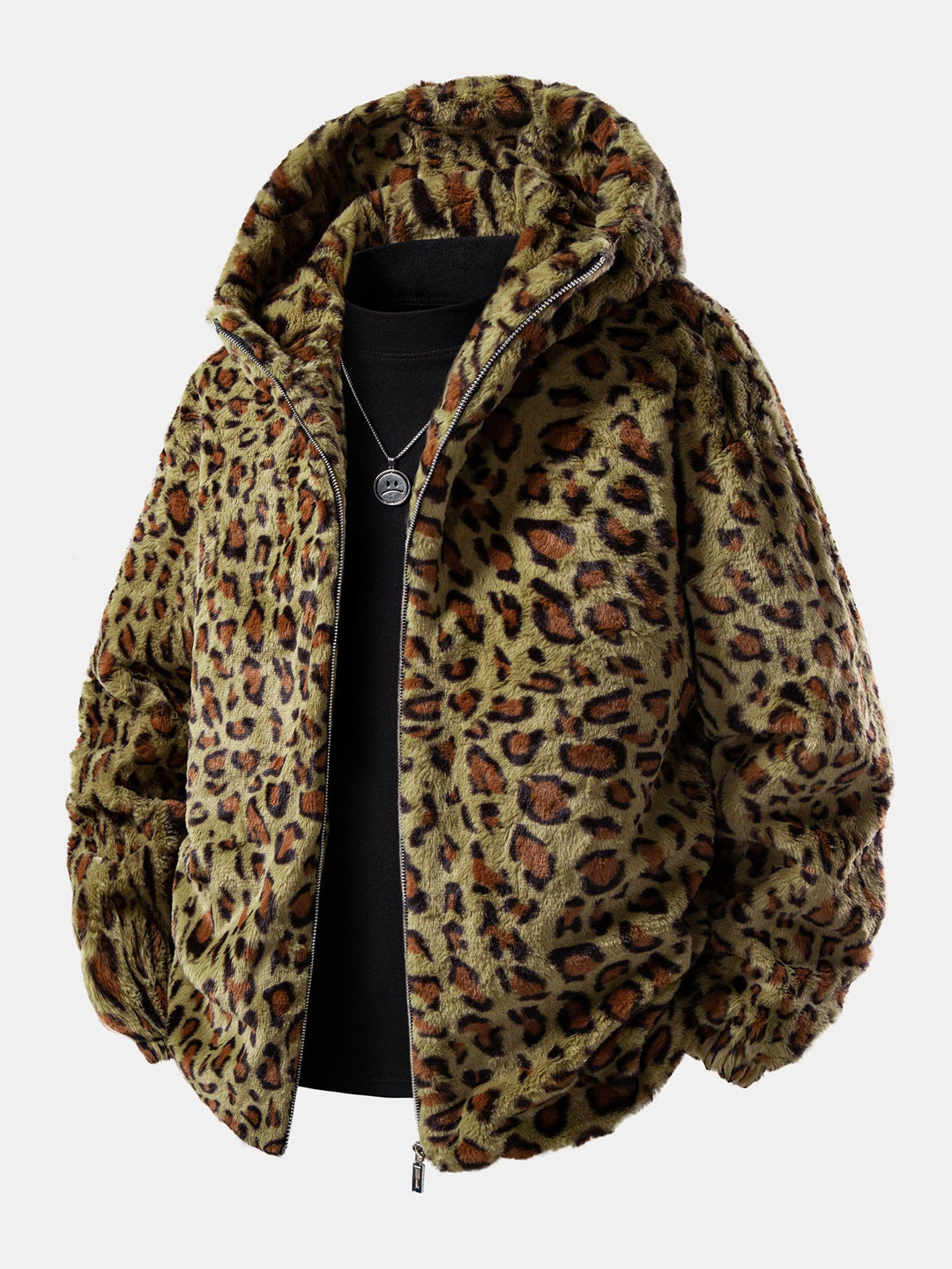 Faux Fur Leopard Zip Up Hooded Coat