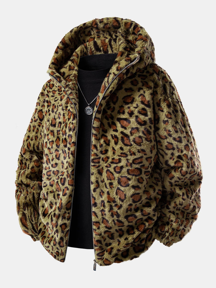 Faux Fur Leopard Zip Up Hooded Coat
