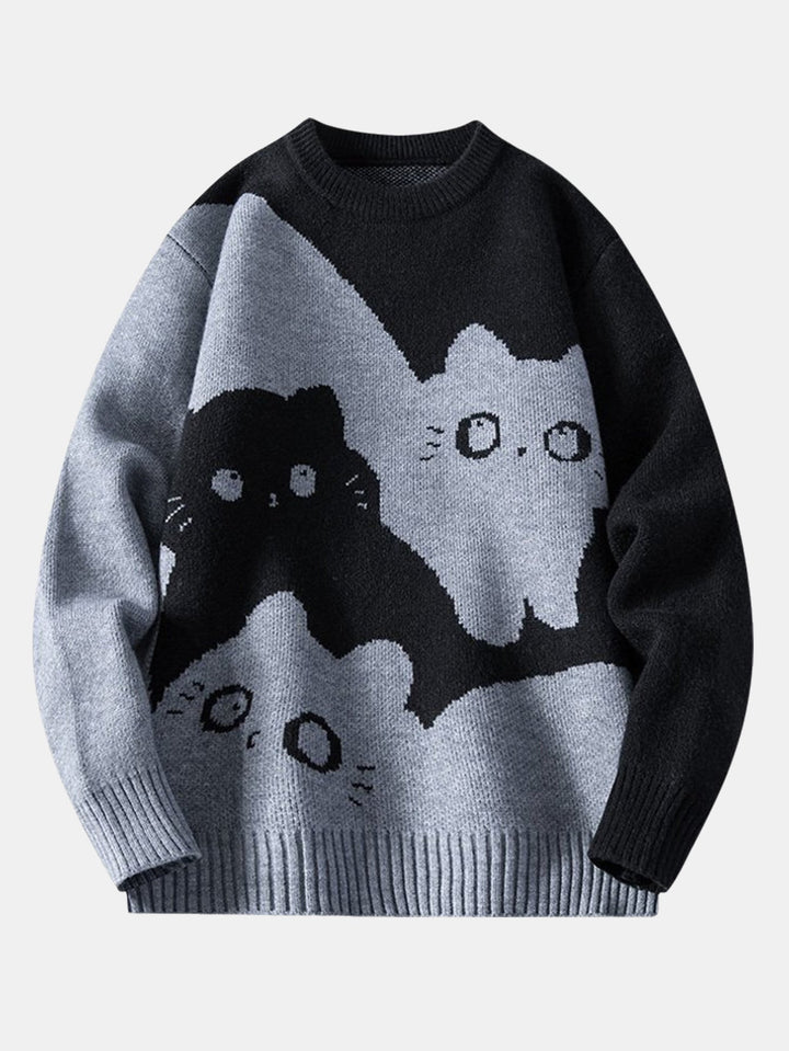 Color Block Cat Print Crew Neck Sweater
