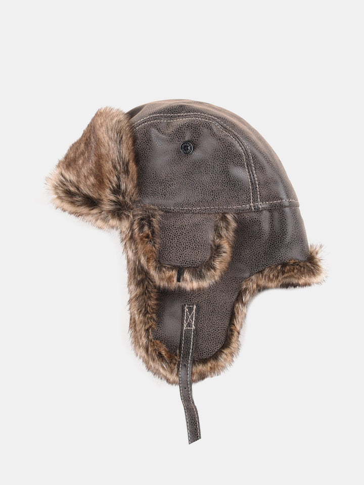 Faux Fur Leather Bomber Hat With Ear Flap