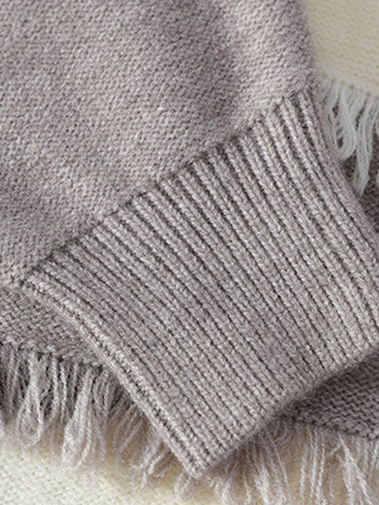 Color Block Fringe Patchwork Crew Neck Sweater