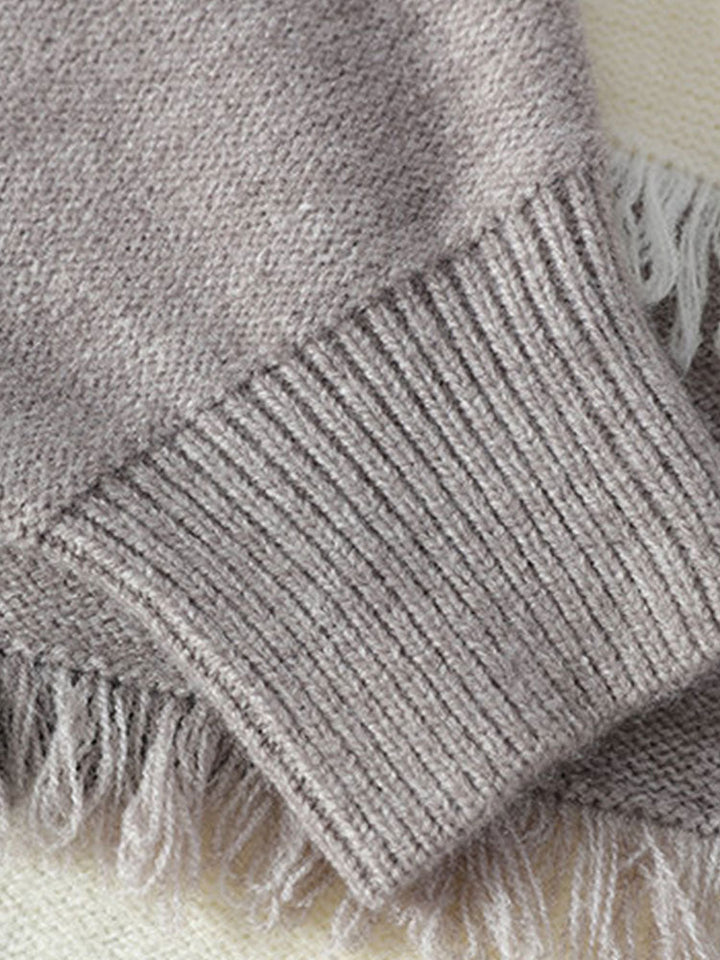 Color Block Fringe Patchwork Crew Neck Sweater